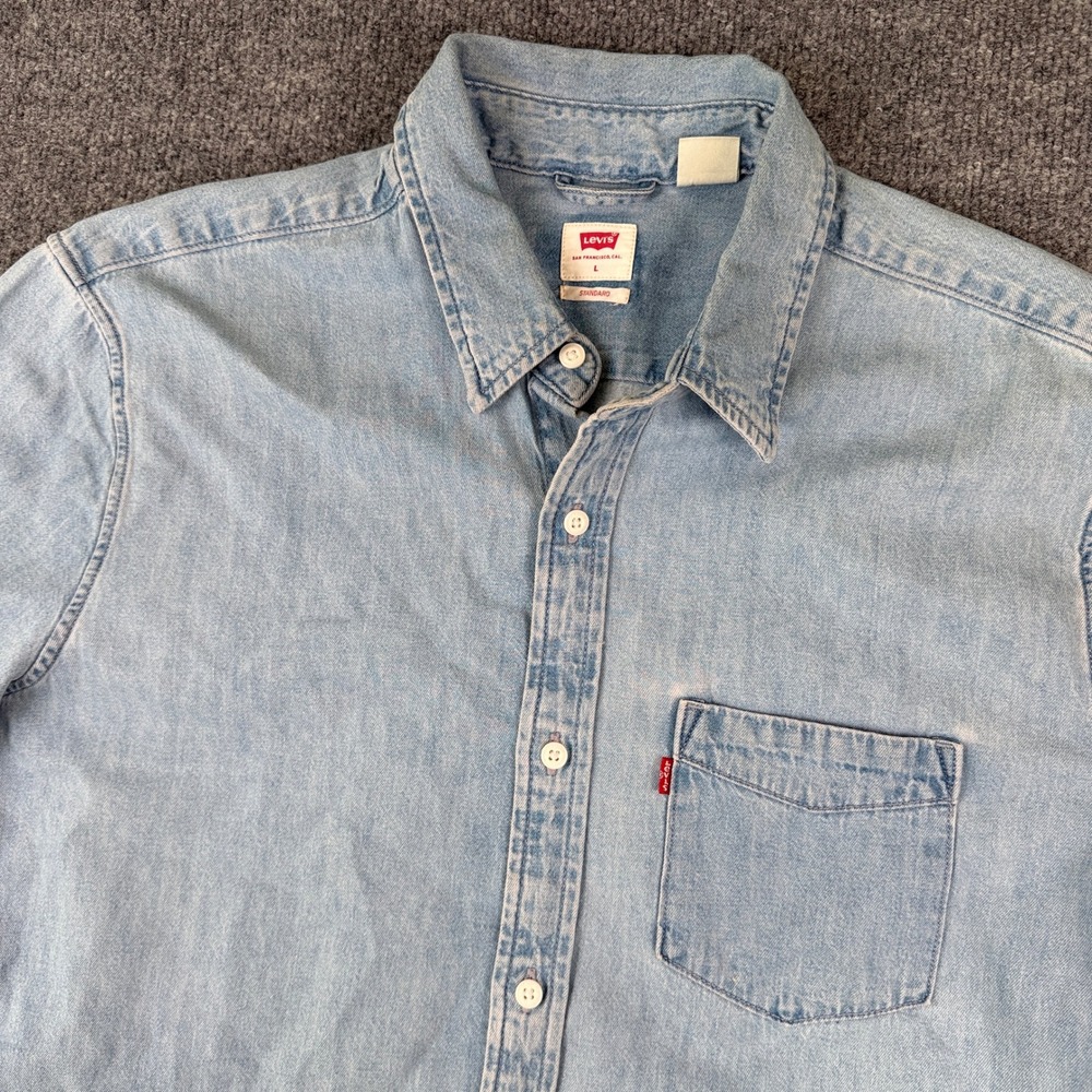 Levis Denim Shirt Mens L Blue Light Wash Short Sleeve Button Up Western